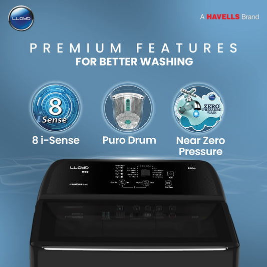 LLOYD 8.0 Kg Fully Automatic Top Load Washing Machine (T805NHPMB, Middle Black)
